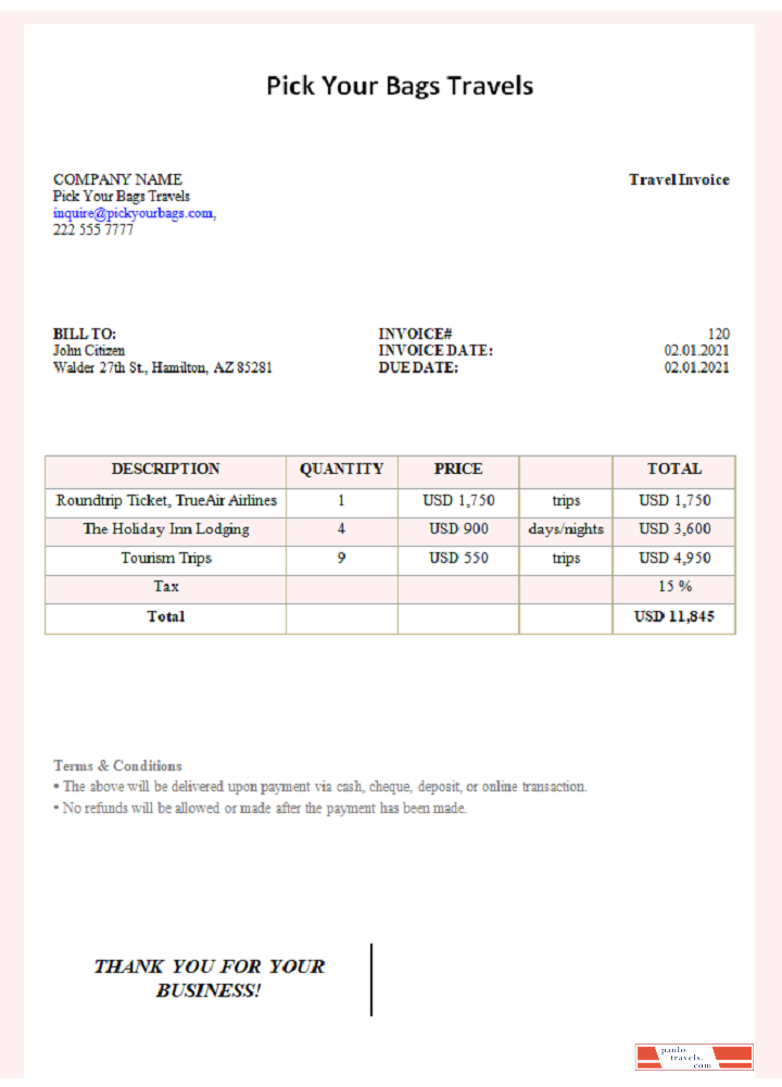 USA Pick Your Bags Travels invoice PSD template